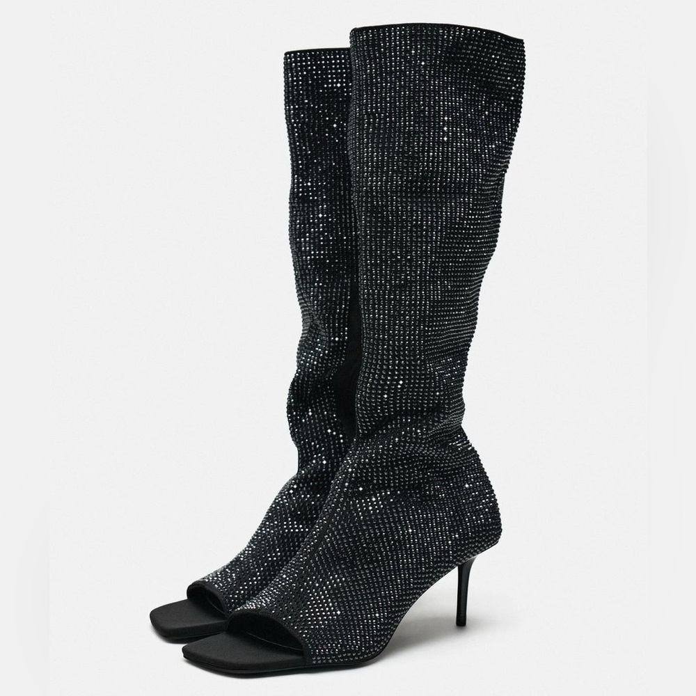 Zara Rhinestone Open Toe Heeled Tall Boots